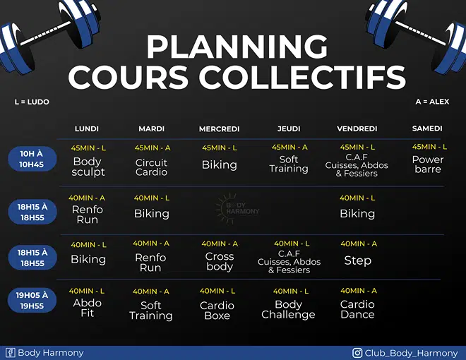 Planning cours collectifs salle remise en forme musculation calais body harmony
